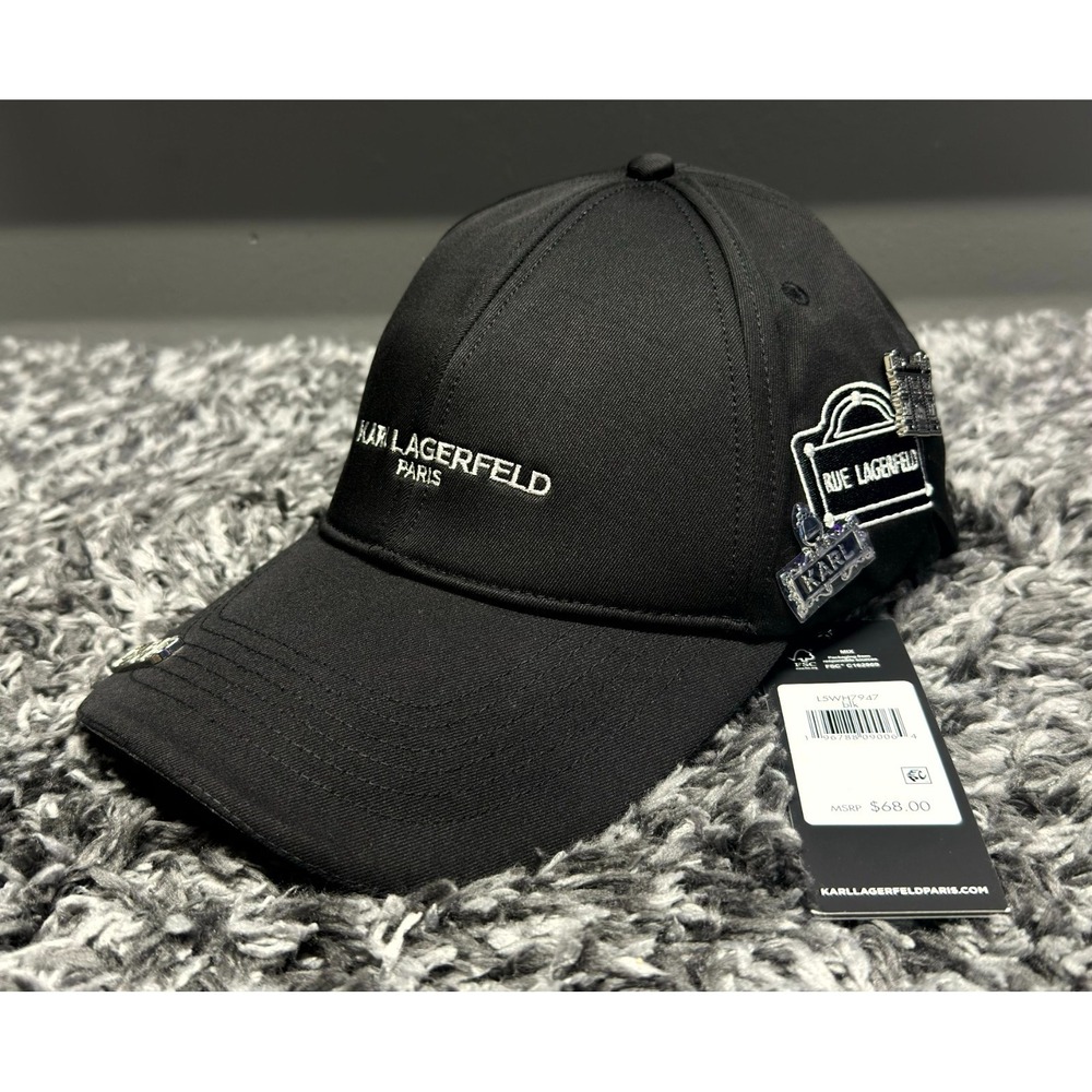 Karl Lagerfeld Hat Cap Womens Black Baseball Rhinestone Pin Bling Designer New